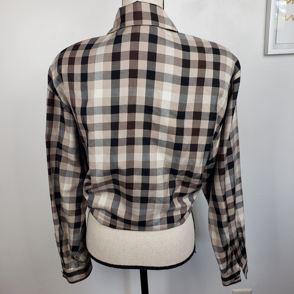 Vintage 90's Designer Dana Buchman Brown & Cream Plaid Silk Button Down Top 6 - Picture 11 of 16